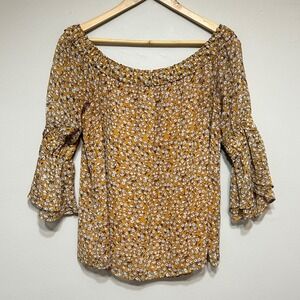 Skies Are Blue Boho Floral Blouse Womens M Off Shoulder Bell Sleeve Top Cottage